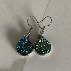 Blue green druzy dangle earrings holiday sparkle
